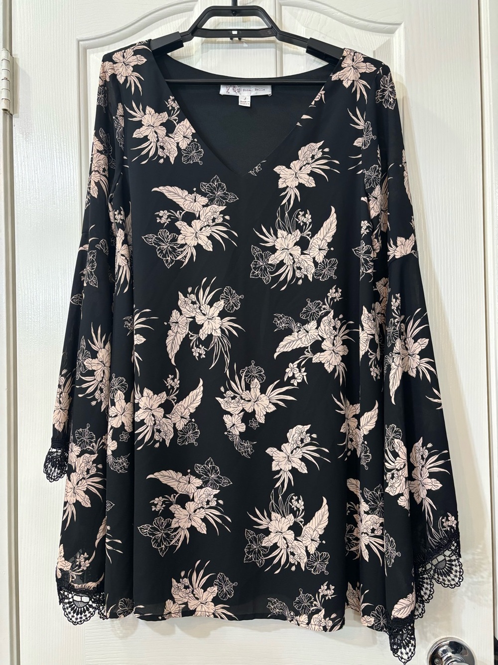 Honey Belle Black Floral V Neck Bell Sleeve Dress Pink Floral Print